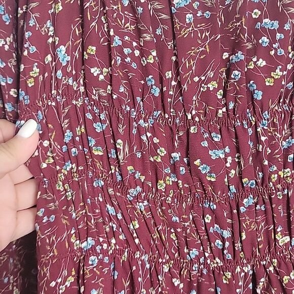 Reset By Jane Square Neckline Floral Burgundy Mini Long sleeve Dress La… - Picture 10 of 11